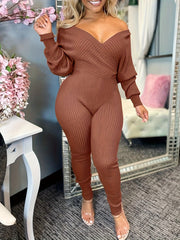 Casual Chic Ribbed Knit Surplice Neck Jumpsuit