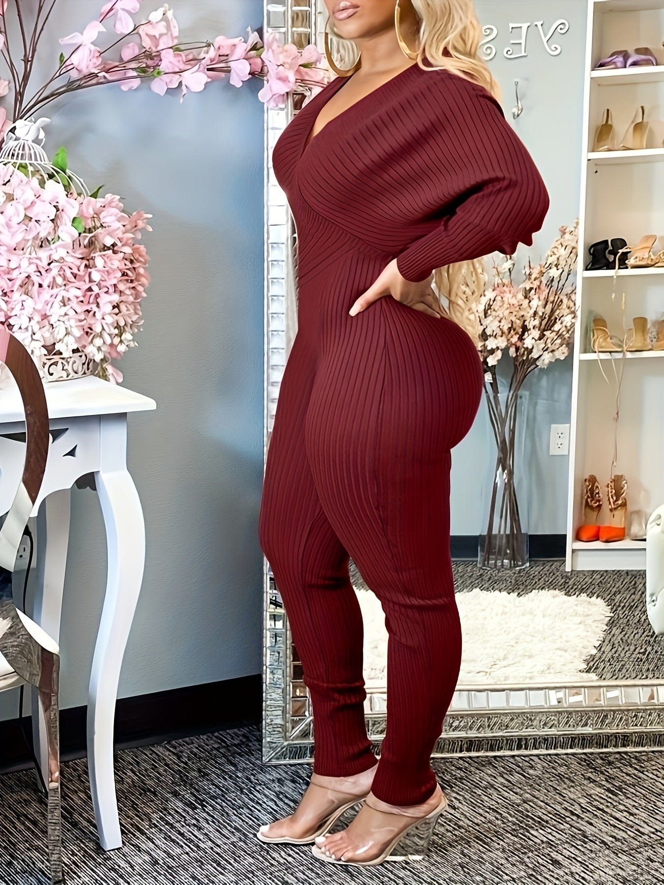 Casual Chic Ribbed Knit Surplice Neck Jumpsuit