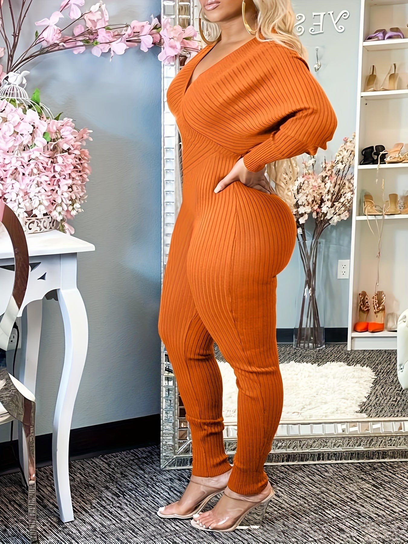 Casual Chic Ribbed Knit Surplice Neck Jumpsuit