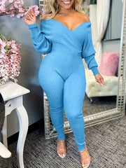 Casual Chic Ribbed Knit Surplice Neck Jumpsuit
