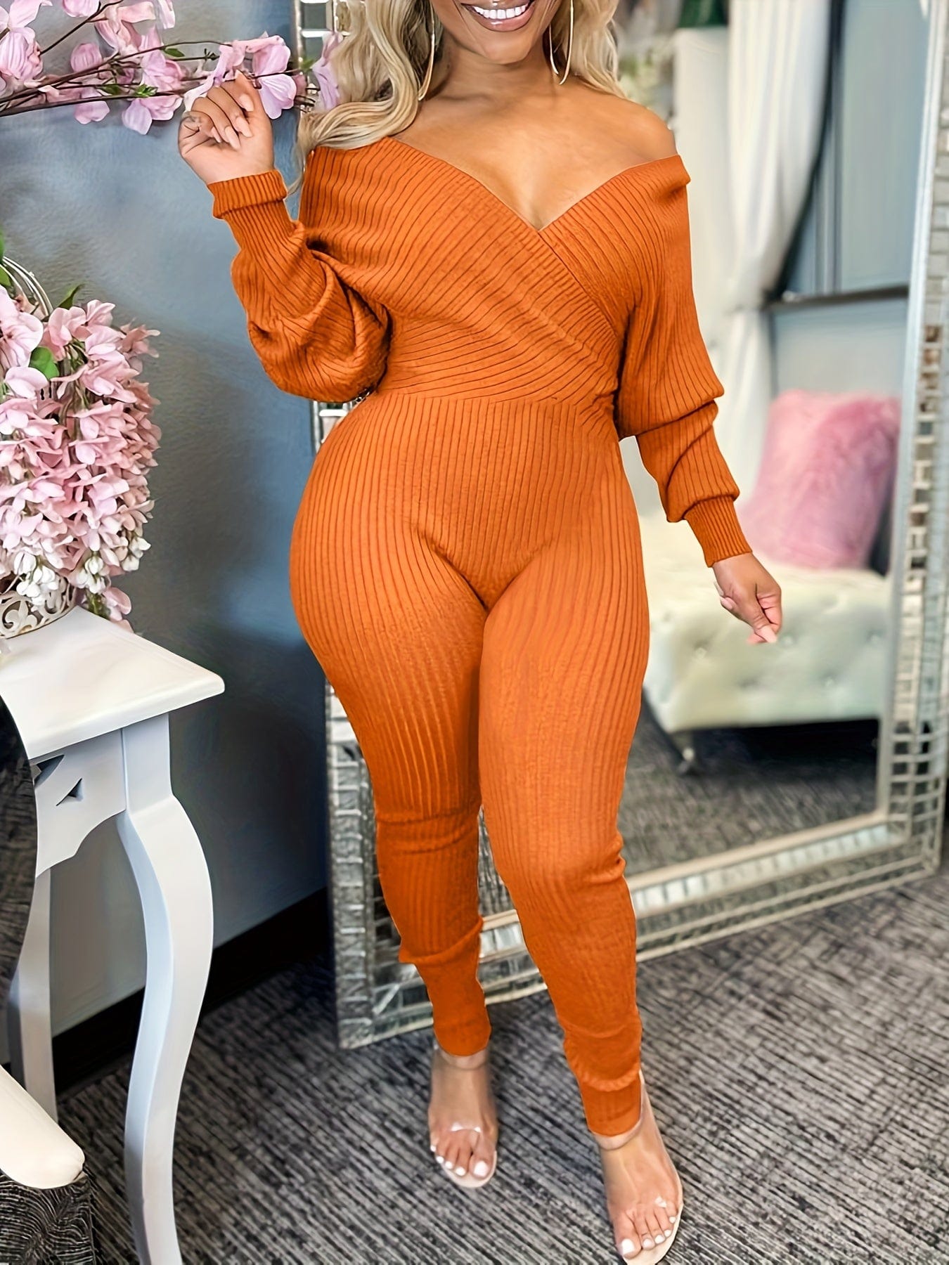 Casual Chic Ribbed Knit Surplice Neck Jumpsuit