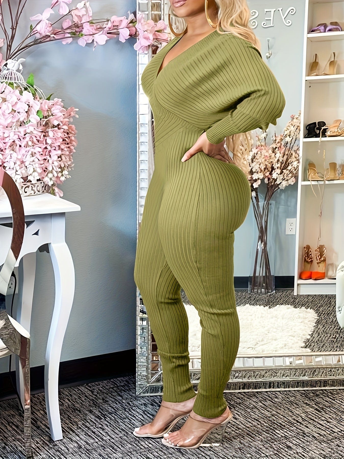 Casual Chic Ribbed Knit Surplice Neck Jumpsuit