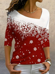 Casual Snowflake Print Slant V Neck Long Sleeve T-Shirt
