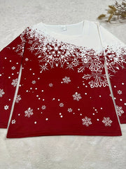 Casual Snowflake Print Slant V Neck Long Sleeve T-Shirt