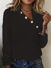 Casual Solid Stylish Button Asymmetrical Neck Long Sleeve Blouse