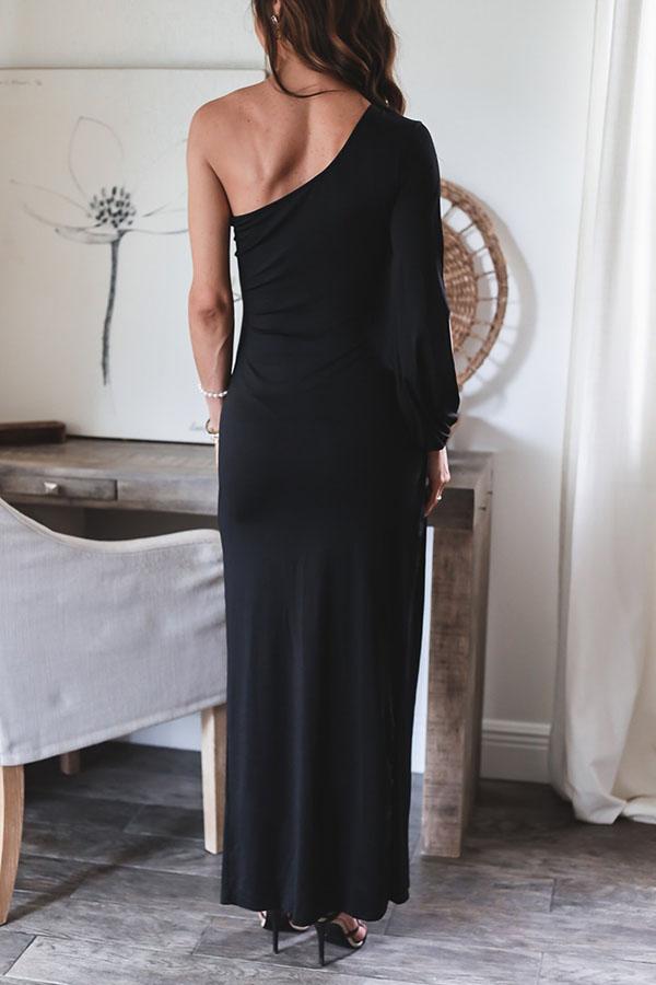 One Shoulder Long Sleeve Maxi Dress With Slit