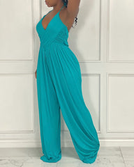 Overlap Ruched Backless Wide Leg Halter Jumpsuit