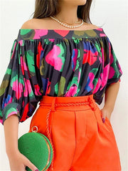 New Summer Women's Pleated Trim Strapless Loose A Neck Top Bat Sleeve Short Sleeve Comfortable Casual T Tops S-XL
