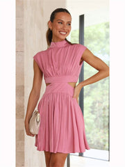 Solid Color Hollow Stand Collar Sweet Wind Summer Models Short Skirt Waist Stand Collar Waist Short Dress