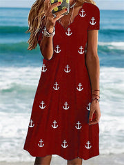 Women's Summer Hot Models Printed L Dress Slim Short-sleeved Wave Collar Comfortable Casual Printed A-line Dress S,M,L,XL,XXL,3XL,4XL,5XL