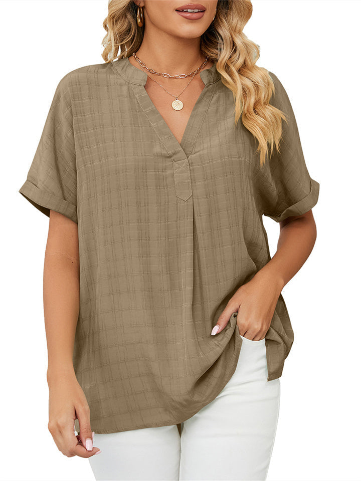 New Thin Section V-neck Casual Set Head Solid Color Loose Temperament Commuter Three-quarter Sleeve Shirt Comfortable Casual Tops Female