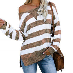 Off Shoulder Stripped Long Sleeve Casual Tops