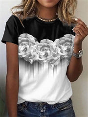 New Gradient Color Floral Colorblocking Positioning Print Women's Round Neck Short-sleeved T-shirt Urban Casual Tops