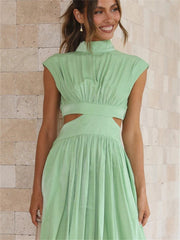 Solid Color Hollow Stand Collar Sweet Wind Summer Models Short Skirt Waist Stand Collar Waist Short Dress