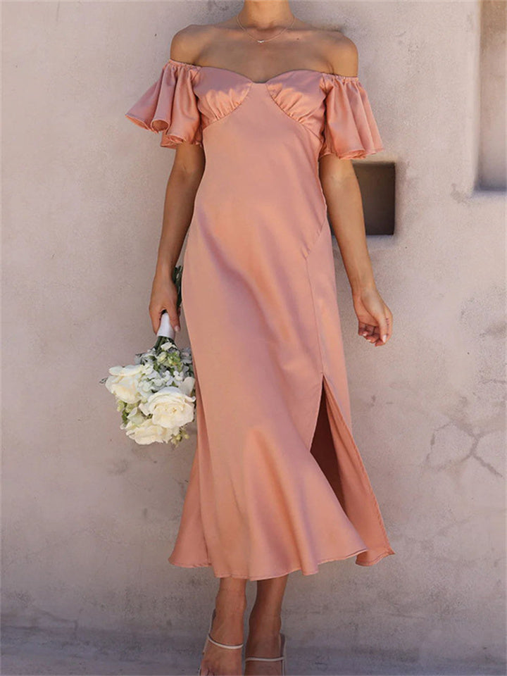S-XL Summer Casual Women's Solid Color Satin Short Sleeve Sexy One Neck High Waist Pleated Medium Length Dress Temperament Commuter