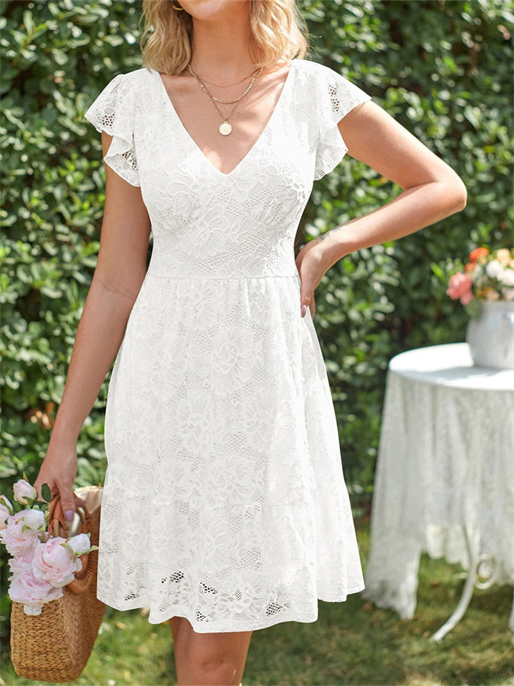 Women's Summer V-neck Ruffle Sleeve Dress Floral Lace Lace-up A-line Dress White Black Red Apricot Green Blue Pink S-2XL