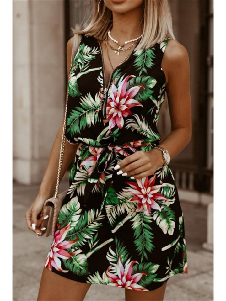 New Fashion Print Short-sleeved Zipper Collar Elastic Waist V-neck Short-sleeved Floral A-line Skirt Midriff Set Head Regular Sleeve Dress Short Dress