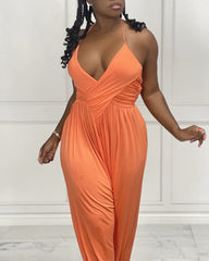 Overlap Ruched Backless Wide Leg Halter Jumpsuit