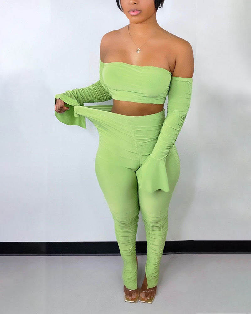 Ruched Split Hem Off Shoulder Crop Top & Pants Set