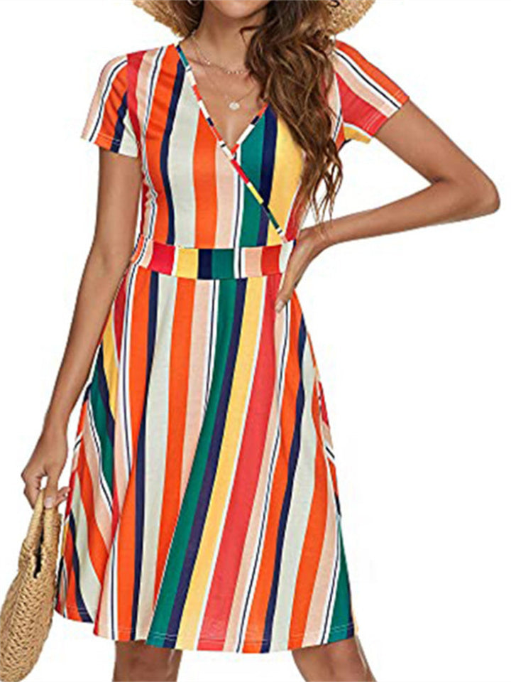 Women's Dresses Short-sleeved V-neck Print Bohemian Mid-length Dress Casual Short-sleeved Dresses