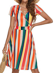 Women's Dresses Short-sleeved V-neck Print Bohemian Mid-length Dress Casual Short-sleeved Dresses
