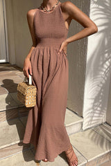 Sailor Linen Blend Smocked Back Lace-up Midi Dress