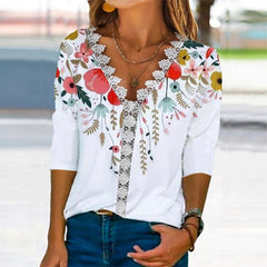 Deep V-Neck Floral Print Long Sleeve Blouse Top