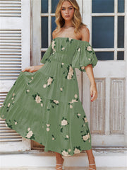 One-neck Strapless Bubble Sleeve Print Dress Short Sleeve Long Dress Brown Yellow Green S M L XL
