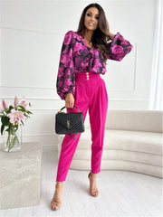 Fashion New Digital Printing Lantern Sleeves Pile Collar Long-sleeved Loose Type Temperament Elegant Commuter Blouse Women
