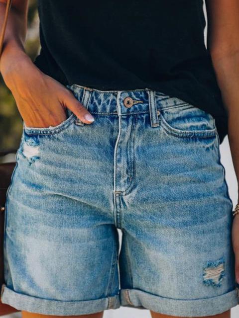 Solid Crimping Denim Shorts