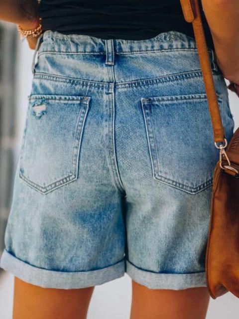 Solid Crimping Denim Shorts