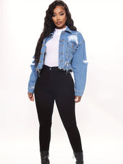 Distressed Stylishly Ripped Raw Hem Lapel Denim Jacket