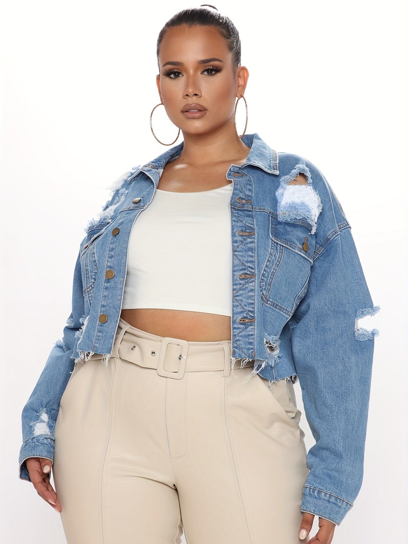 Distressed Stylishly Ripped Raw Hem Lapel Denim Jacket