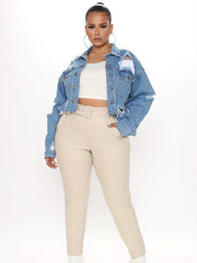 Distressed Stylishly Ripped Raw Hem Lapel Denim Jacket