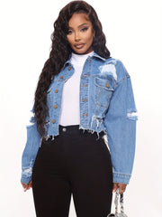 Distressed Stylishly Ripped Raw Hem Lapel Denim Jacket
