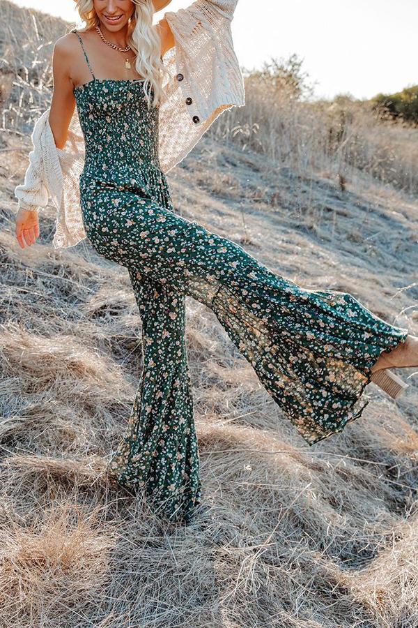 Polynesia Floral Smocked Flared Leg Jumpsuit