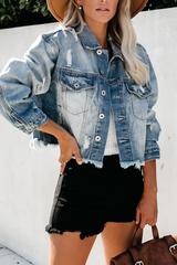 Lapel Fringed Wash Denim Ripped Jacket