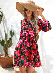 Women's New Summer Midriff Tied Floral Print V-neck Long-sleeved A-line Dress Personalized Street Hipster Style Dress
