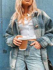 Turn-Down Collar Plaid Print Long Sleeve Overcoat