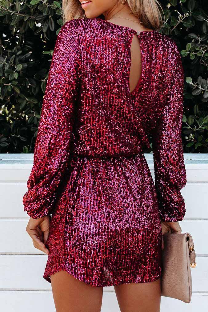 Sequin Tie Waist Mini Long Sleeve Dress