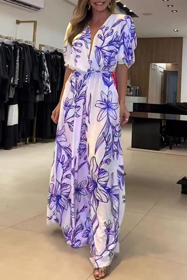 Fashion Pattern Print Elastic Waist  Pocketed Maxi Dress