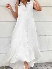 New Temperament Commuter Lapel Sleeveless Single Row One Button Cotton Linen Hem Long Mid-waist Dresses for Women