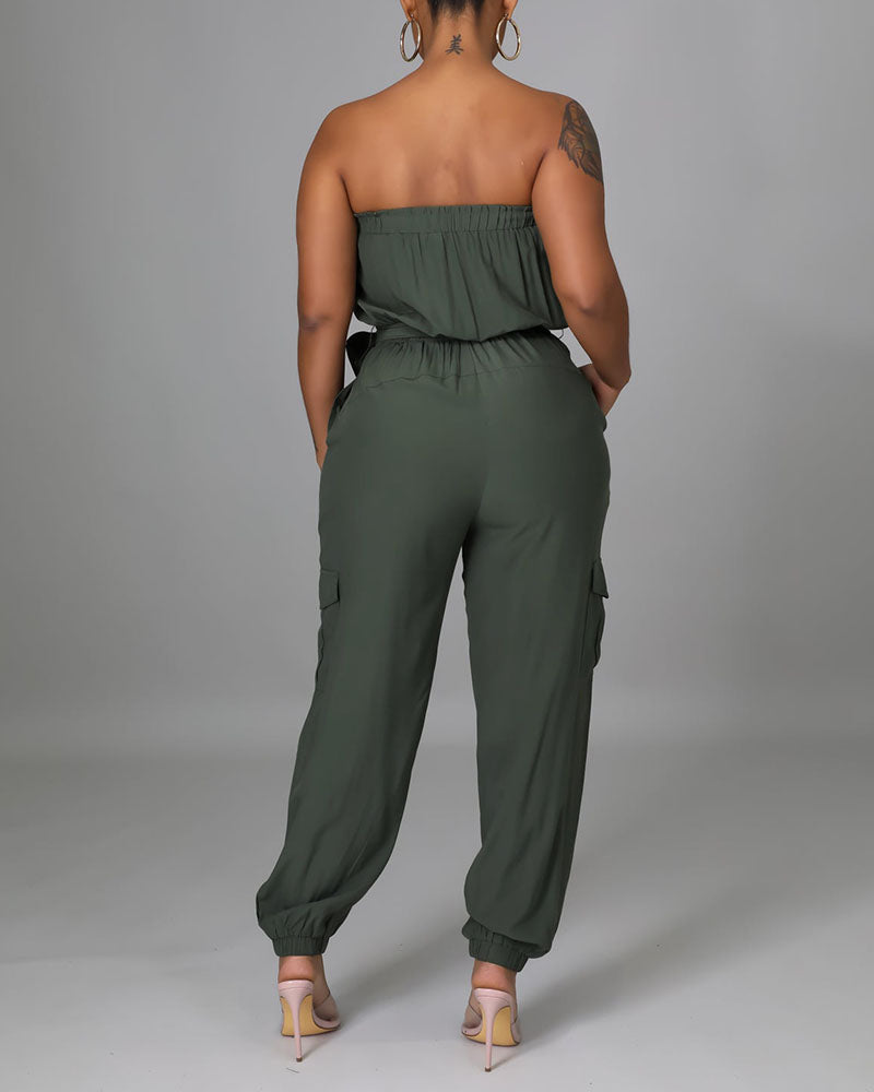 Solid Belted Flap Pocket Frill Trim Strapless Jumpsuit