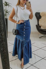 Button Up High Waist Flare Hem Denim Skirt