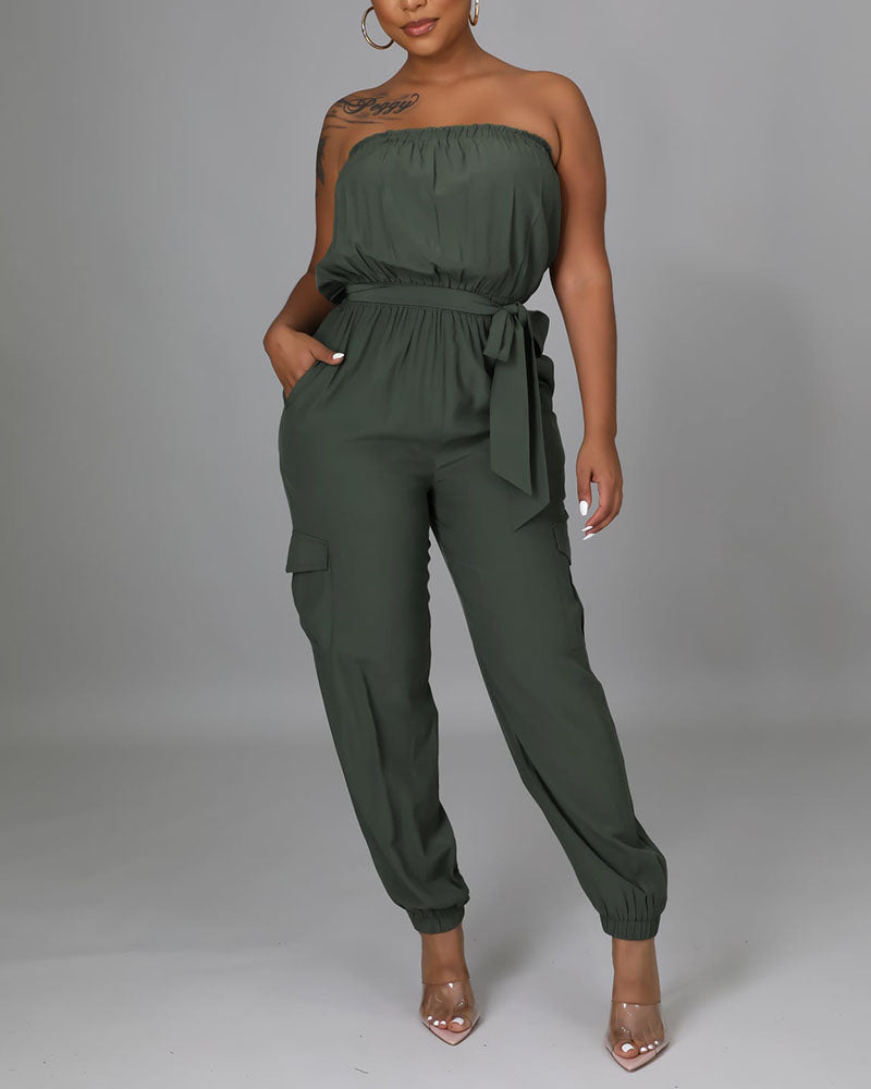 Solid Belted Flap Pocket Frill Trim Strapless Jumpsuit