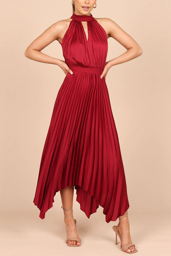 Luxe Look Satin Pleated Halter Elastic Waist Midi Dress