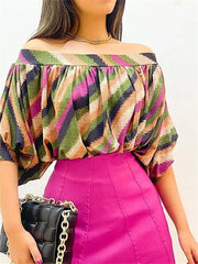 New Summer Women's Pleated Trim Strapless Loose A Neck Top Bat Sleeve Short Sleeve Comfortable Casual T Tops S-XL
