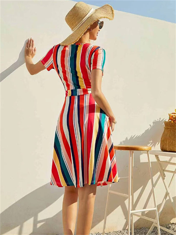 Women's Dresses Short-sleeved V-neck Print Bohemian Mid-length Dress Casual Short-sleeved Dresses