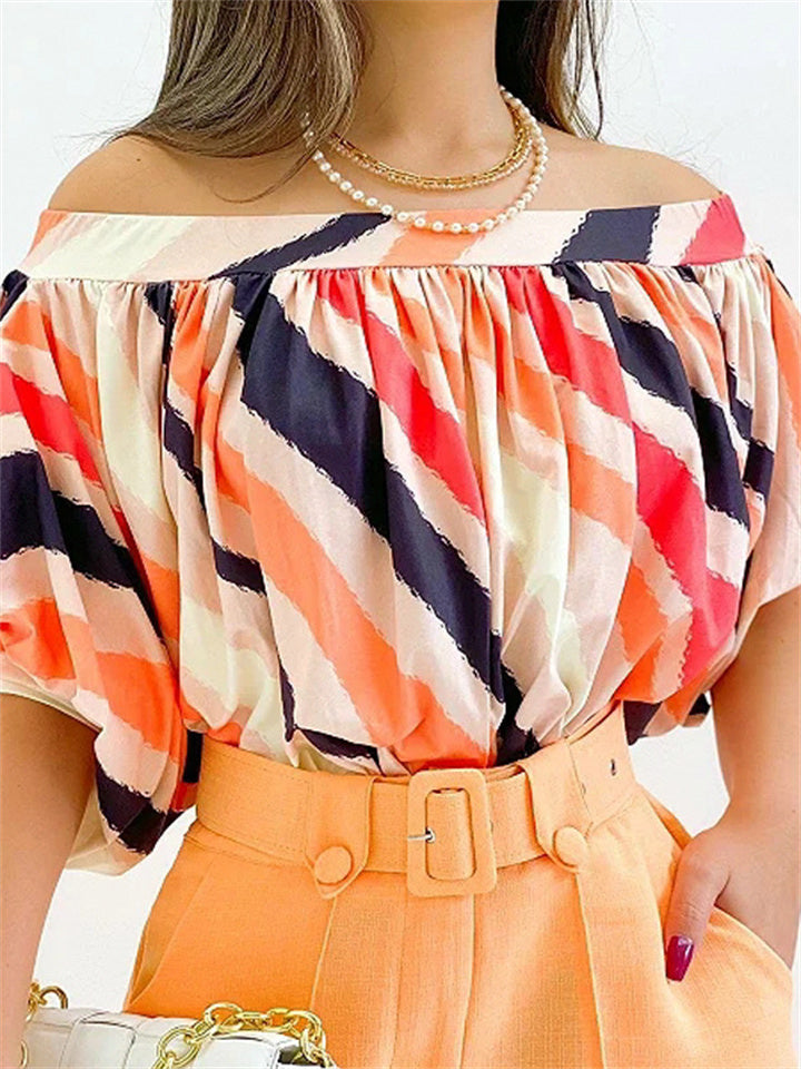 New Summer Women's Pleated Trim Strapless Loose A Neck Top Bat Sleeve Short Sleeve Comfortable Casual T Tops S-XL