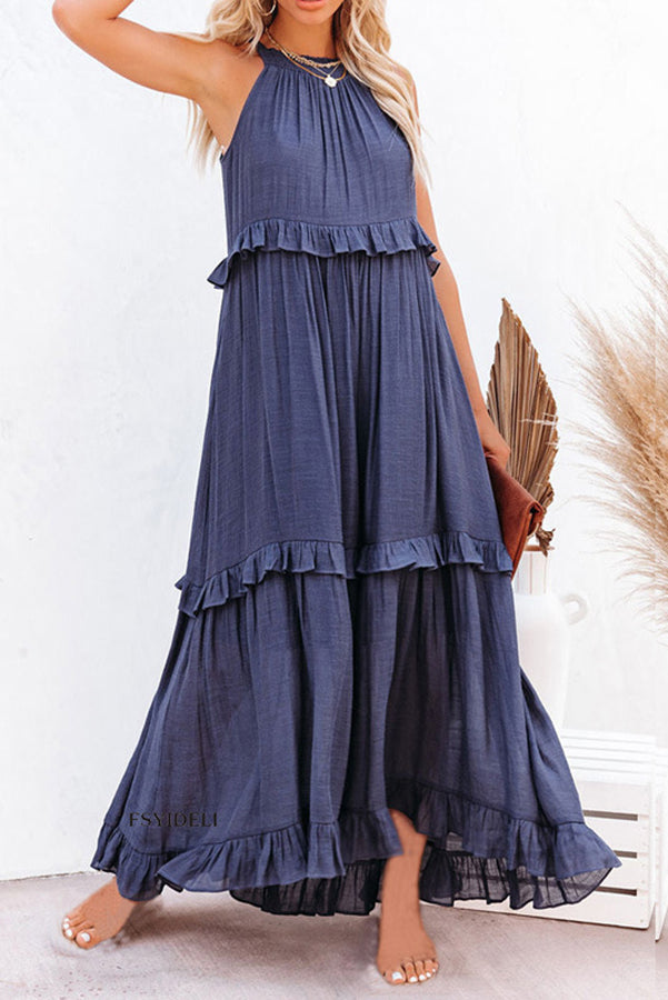 Vittoria Shirred Ruffle Tiered Maxi Halter Dress